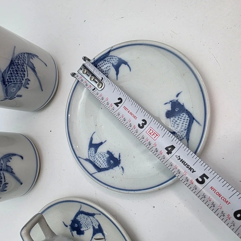 Pier 1 Blue White Koi Fish Ceramic Tea Tumblers and Espresso Cup Saucer Set